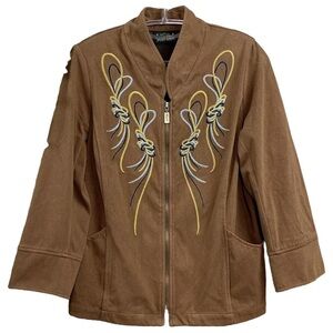 Bob Mackie Smart Denim Embroidered Tassel Jacket Art Wear Brown Tan Size Small